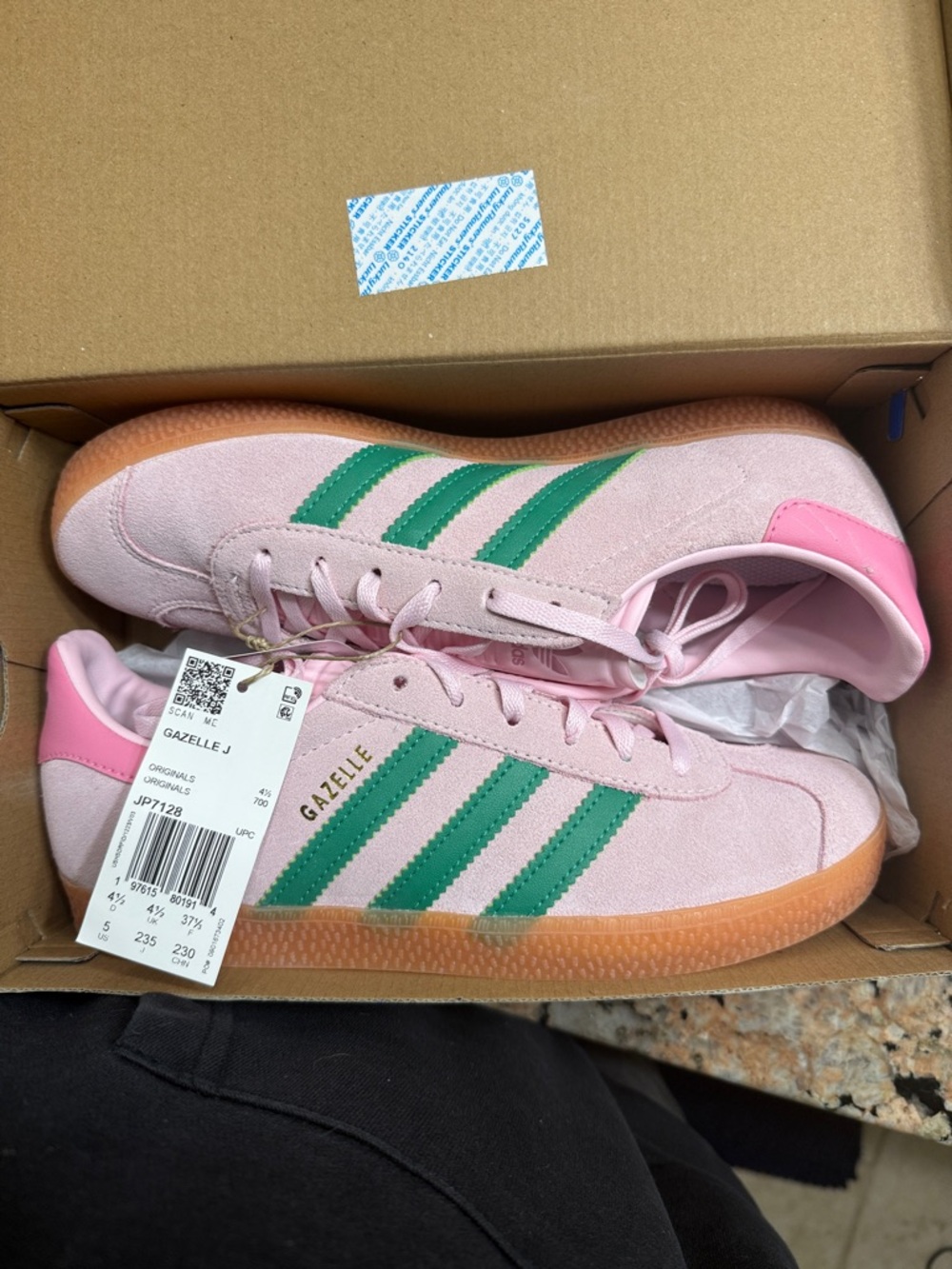 adidas Gazelle J Pink with Green Stripes and Gum Sole